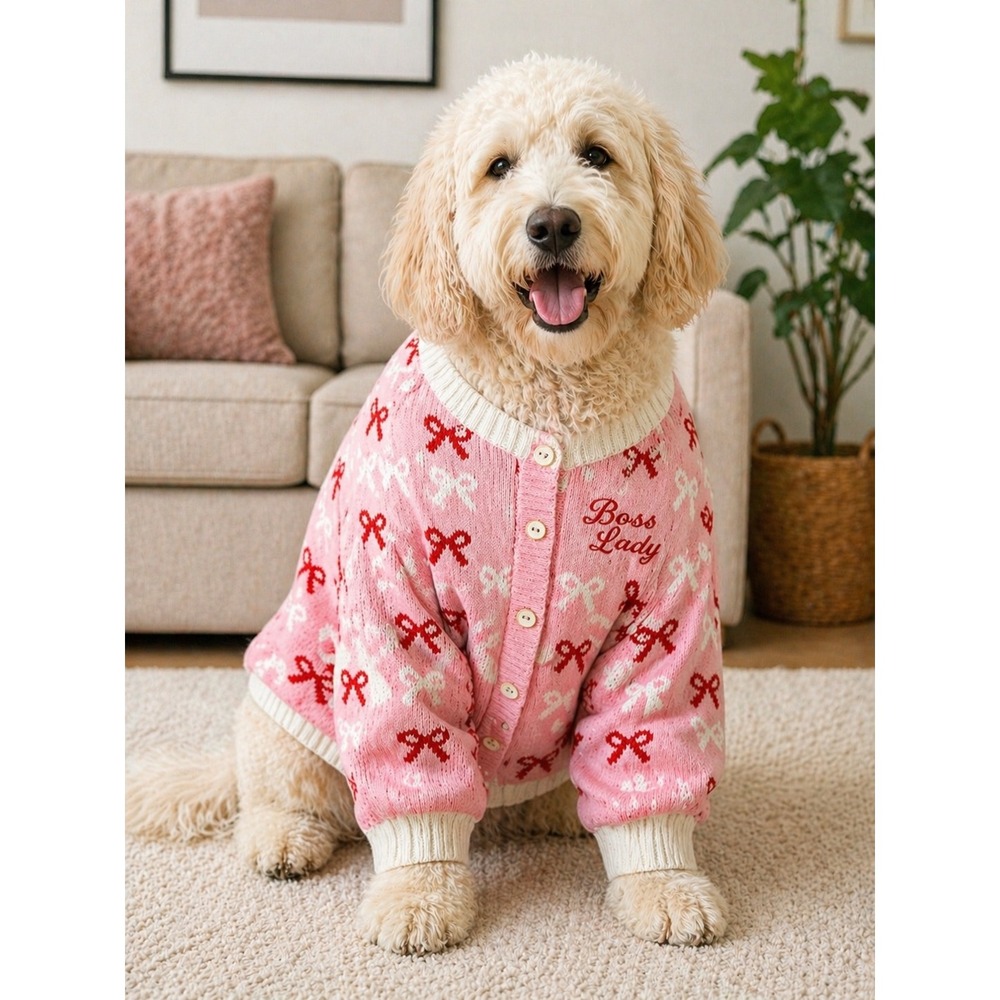 Boss Lady Pink Bow Knit Dog Cardigan Sweater Button Front Pet Apparel Pink Red